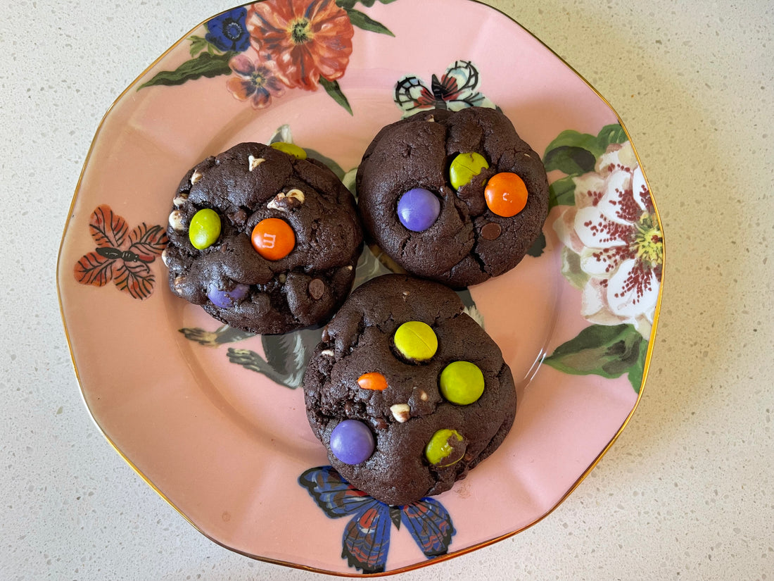 Fudgy chocolate cookies with dark chocolate chips and M&M's